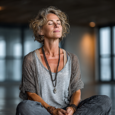 Жінка середнього віку виконує йогу на природі